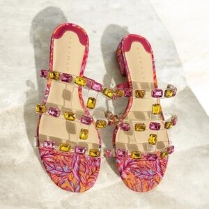 Alex Marie Women's pink Sandals with rectangular gemstones in brilliant 
Size 8